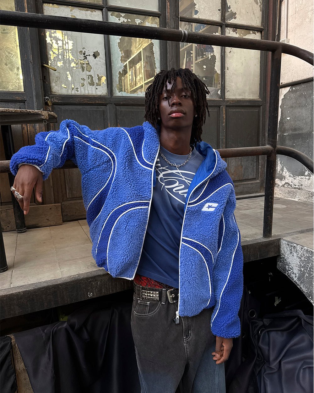 TAKE OFF FLEECE BLUE - blue sherpa fleece hooded jacket, street style shot - Cold Culture