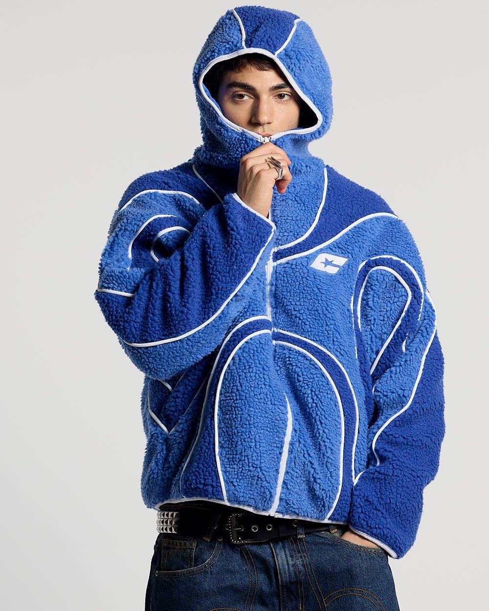 TAKE OFF FLEECE BLUE - blue sherpa fleece hooded jacket, front view on male model - Cold Culture #man