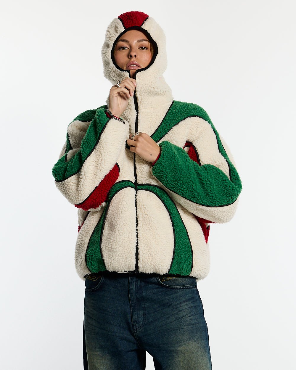 TAKE OFF FLEECE ITALY - cream green and red fleece jacket, front view on female model - Cold Culture #woman