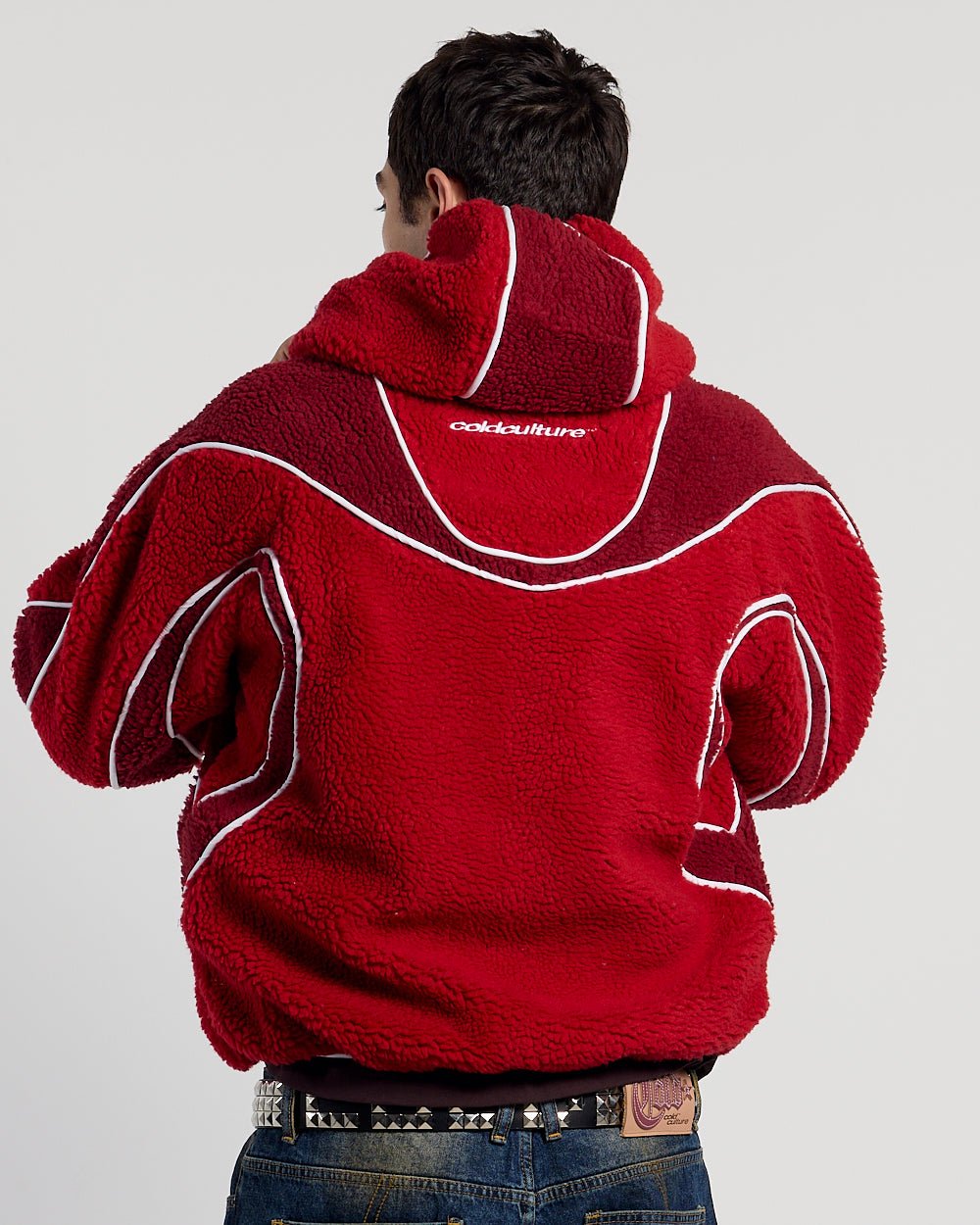 TAKE OFF FLEECE RED - red sherpa fleece hooded jacket, back view on male model - Cold Culture