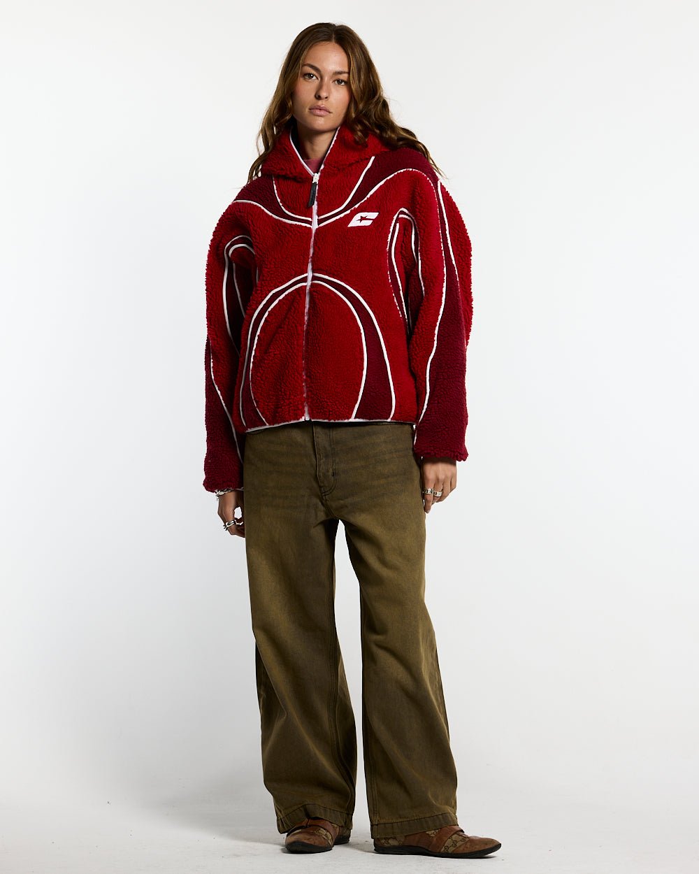 TAKE OFF FLEECE RED - red sherpa fleece hooded jacket, front view on female model - Cold Culture #woman