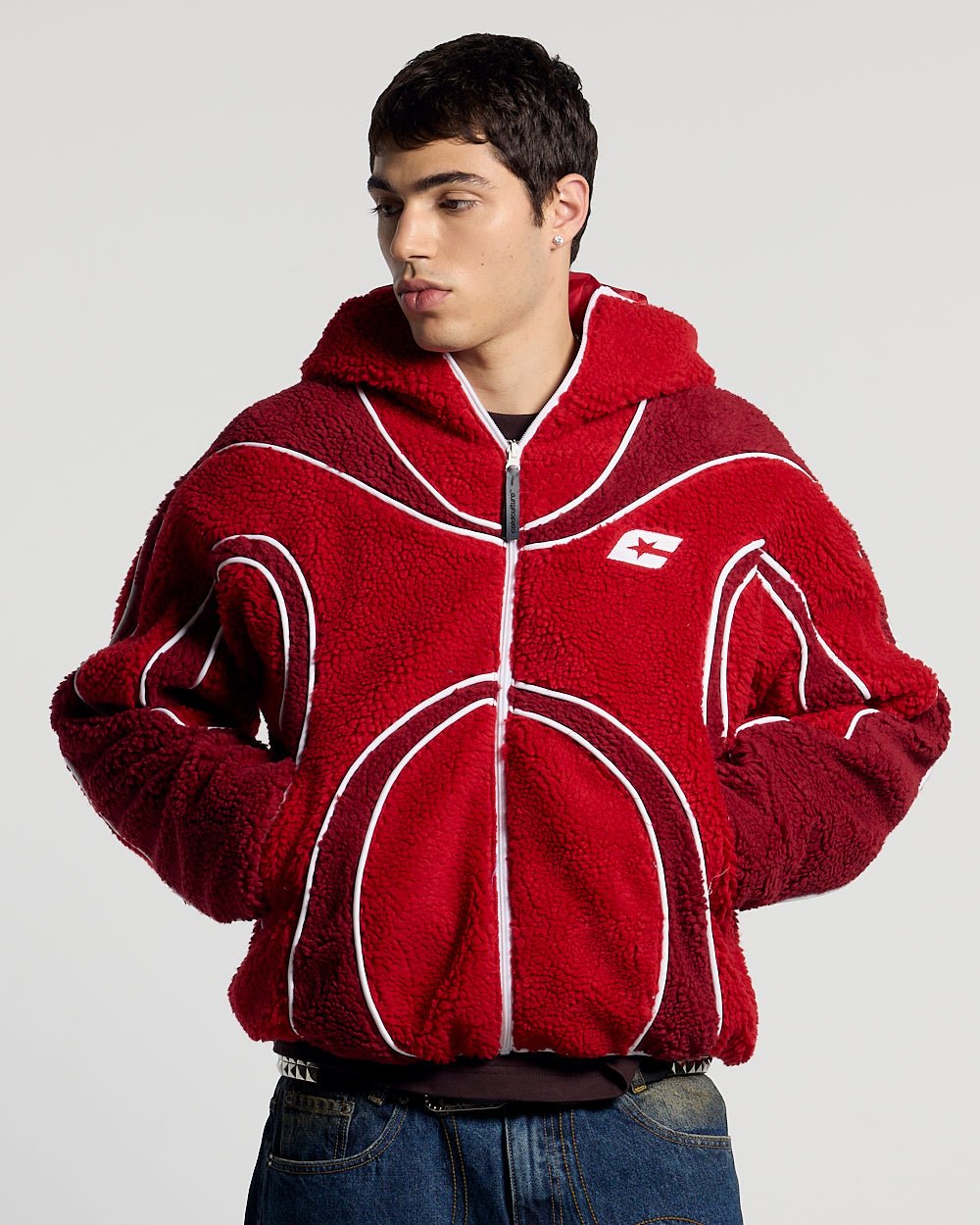 TAKE OFF FLEECE RED - red sherpa fleece hooded jacket, front view on male model - Cold Culture #man