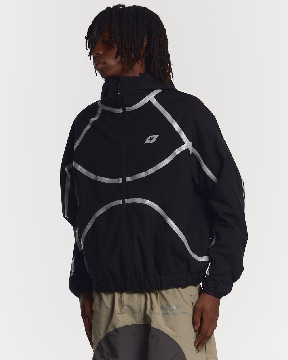 TAKE OFF LIGHTWEIGHT JACKET BLACK - black reflective trim jacket, front view on male model - Cold Culture #man