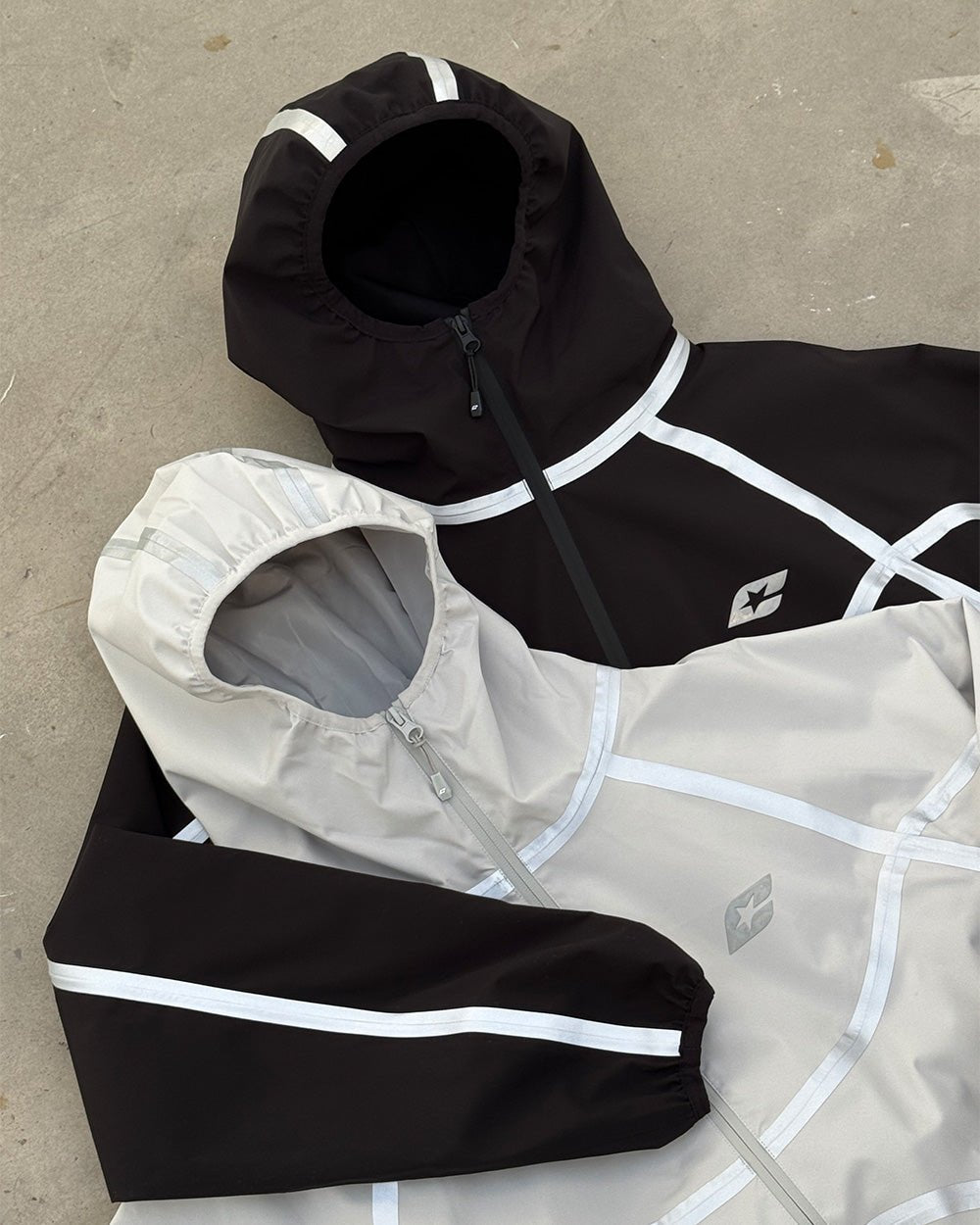TAKE OFF LIGHTWEIGHT JACKET BLACK - black reflective trim jacket, flat lay with matching pieces - Cold Culture