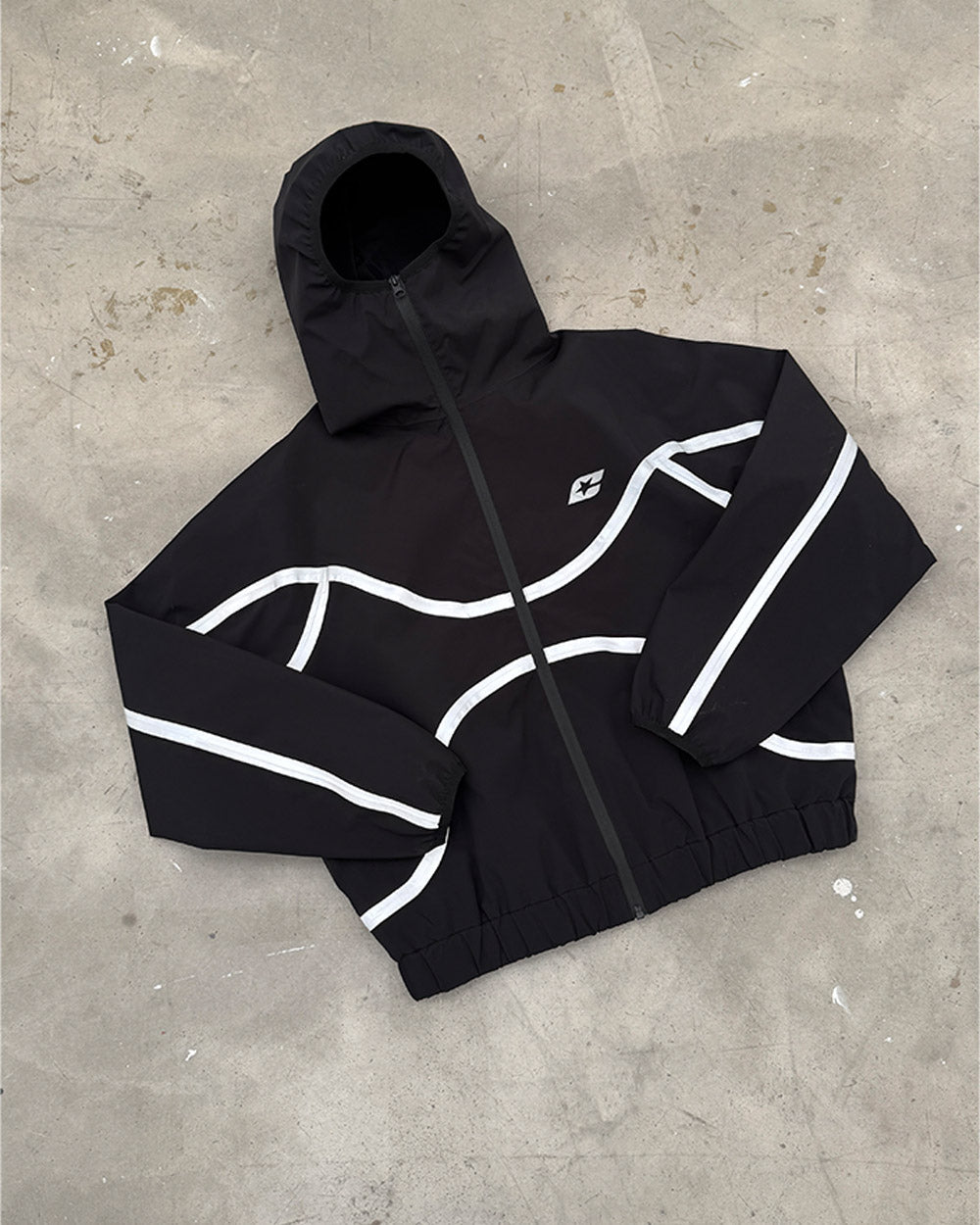 TAKE OFF LIGHTWEIGHT JACKET BLACK - black reflective trim jacket, flat lay - Cold Culture