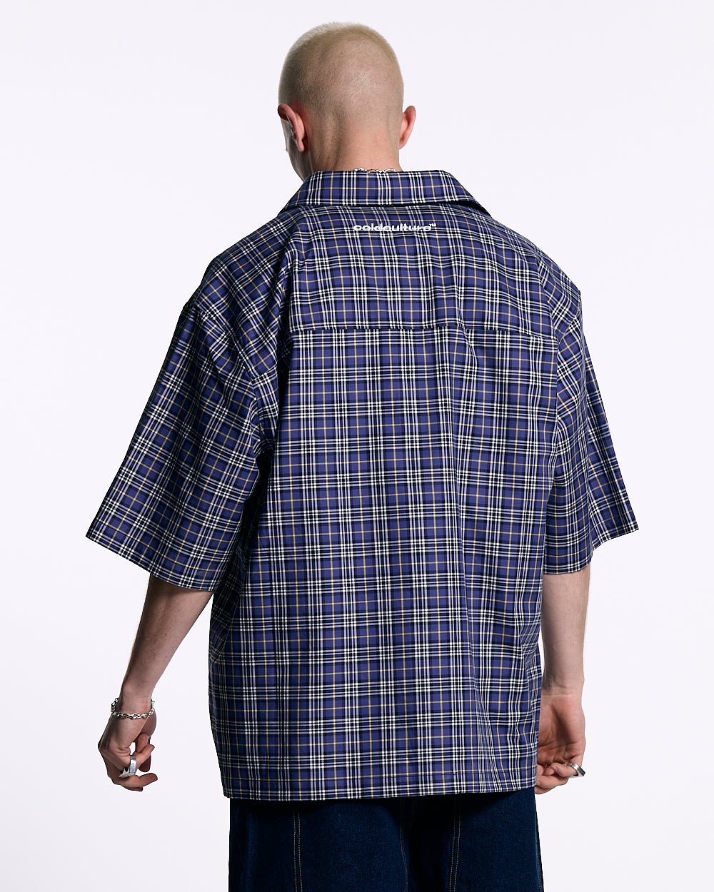 TARTAN C SHIRT DARK BLUE - dark blue checked short sleeve shirt, back view on male model - Cold Culture #man