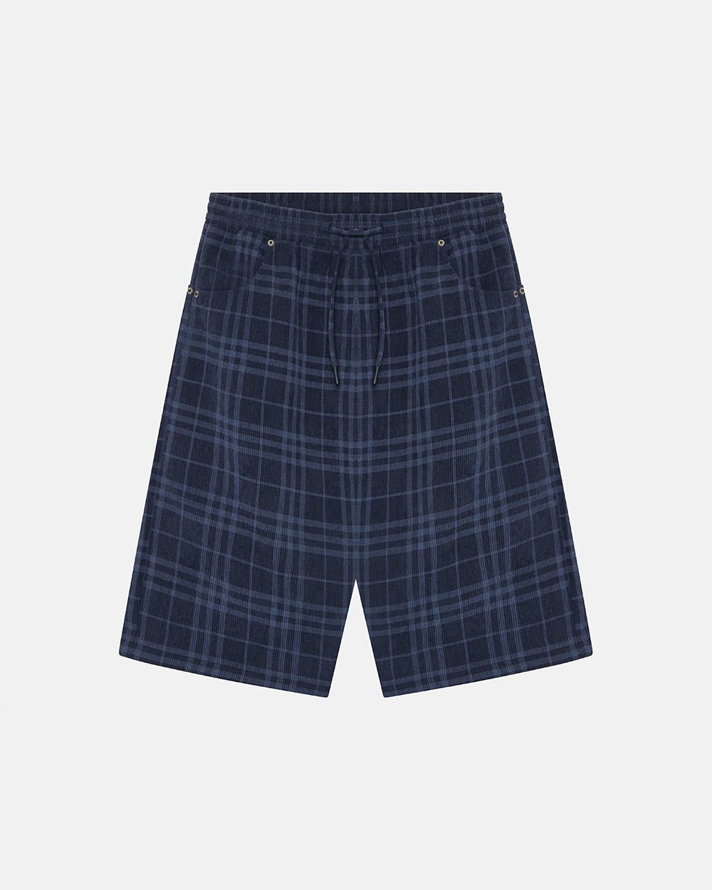 TARTAN CLUB SHORTS NAVY - navy check shorts, front view - Cold Culture #packshot