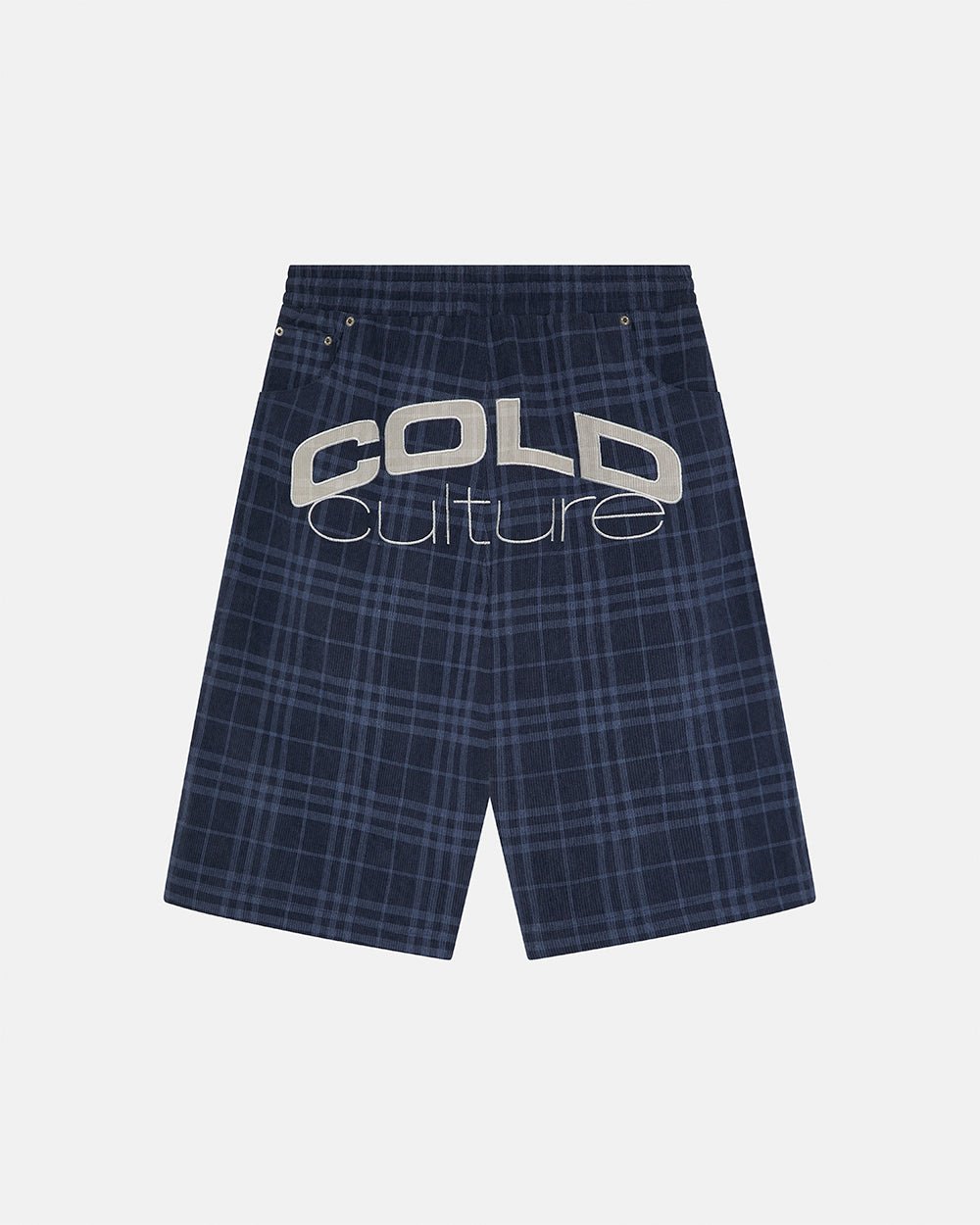 TARTAN CLUB SHORTS NAVY - navy check shorts, back view - Cold Culture #packshot