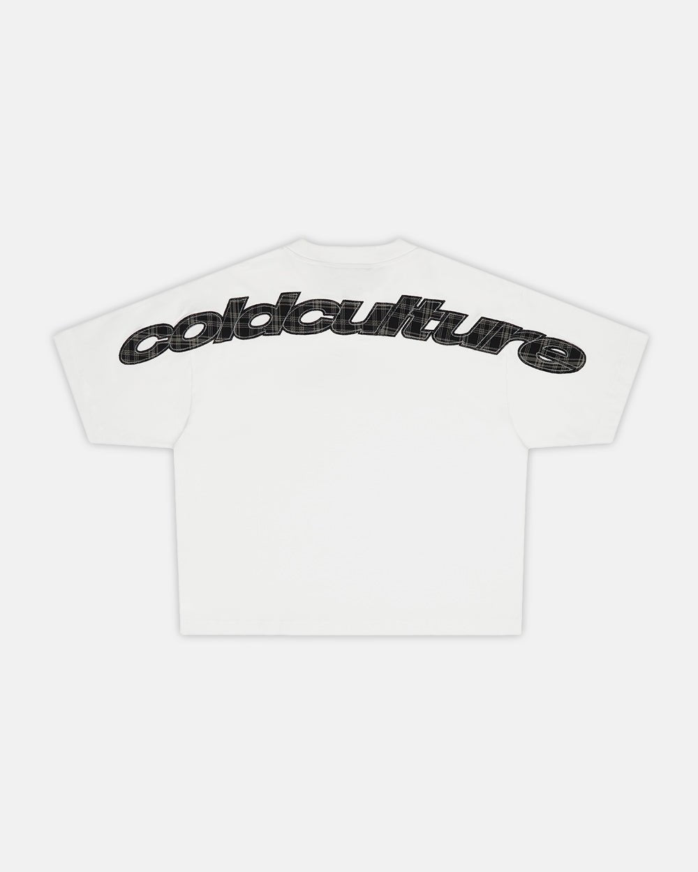 TARTAN CURVED TEE WHITE - white graphic print tee, back view - Cold Culture #packshot