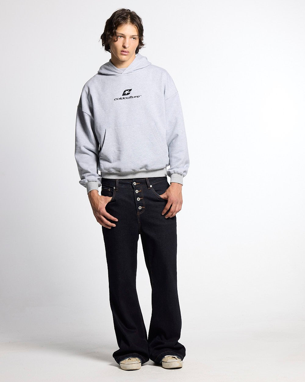 TARTAN DISTRESS CURVED HOODIE HEATHER GREY - heather grey oversized hoodie, front view on male model - Cold Culture #man