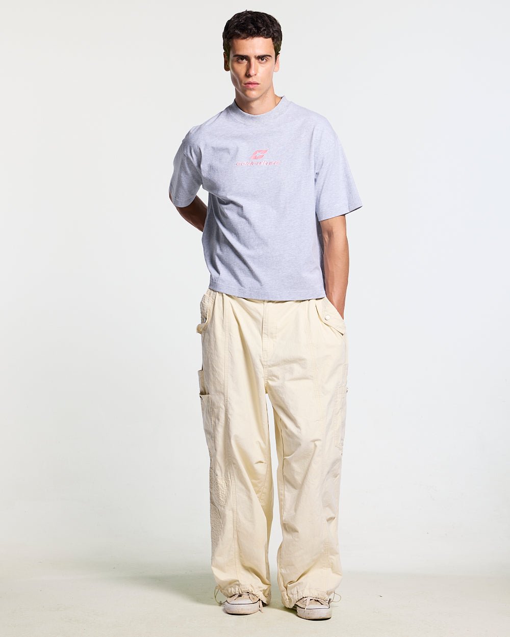 TARTAN DISTRESS CURVED TEE GREY - grey tartan detail tee, front view on male model - Cold Culture #man
