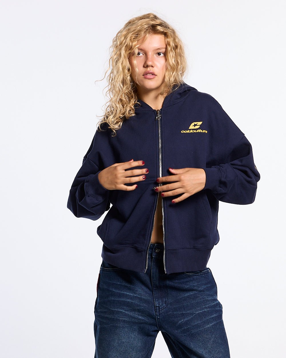 TARTAN DISTRESS CURVED ZIP HOODIE BLUE - Cold Culture #woman