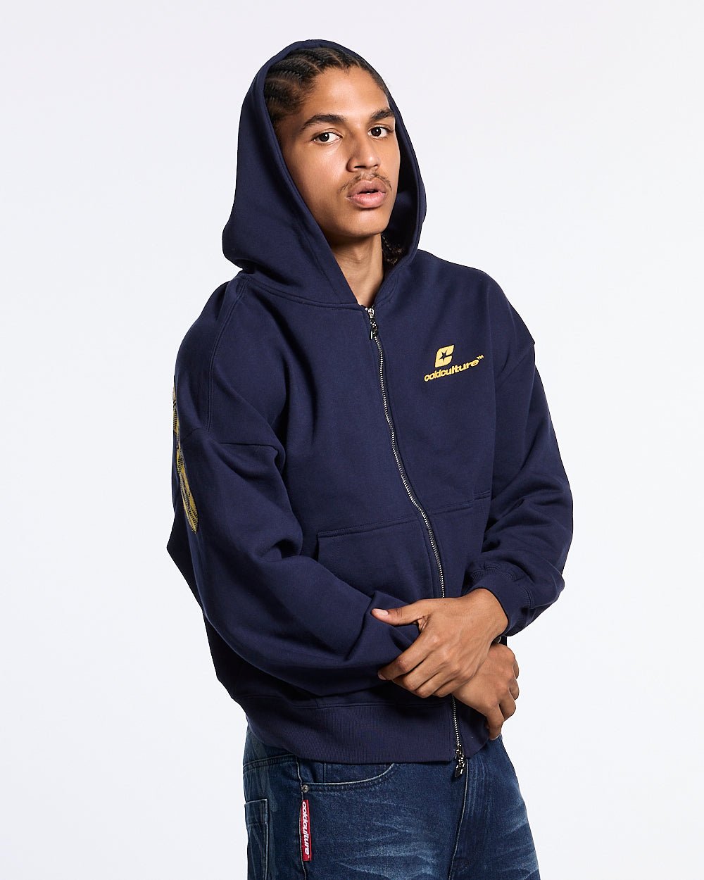 TARTAN DISTRESS CURVED ZIP HOODIE BLUE - Cold Culture #man