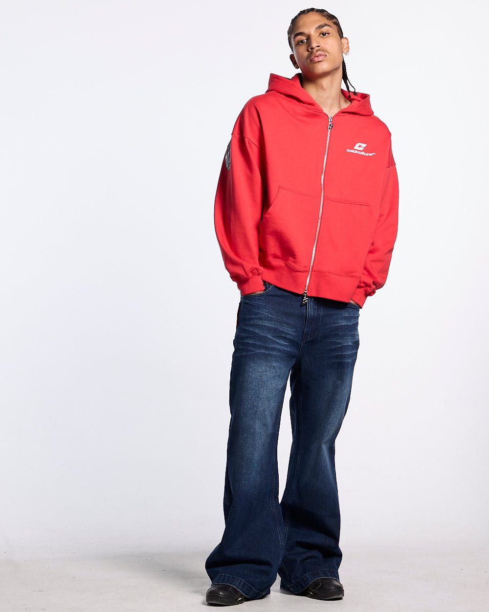 TARTAN DISTRESS CURVED ZIP HOODIE RED - Cold Culture #man