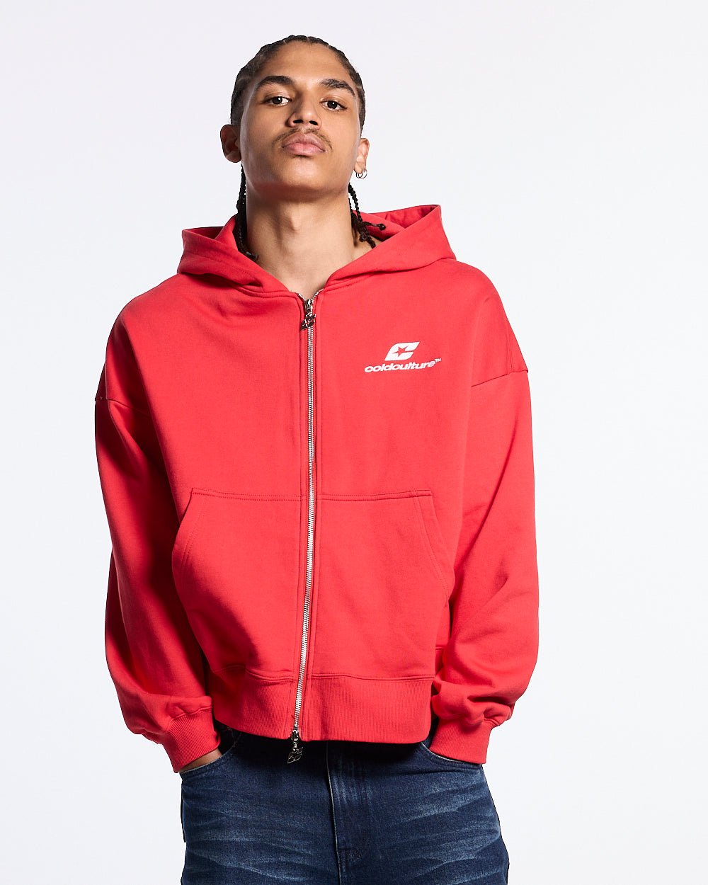TARTAN DISTRESS CURVED ZIP HOODIE RED - Cold Culture #man