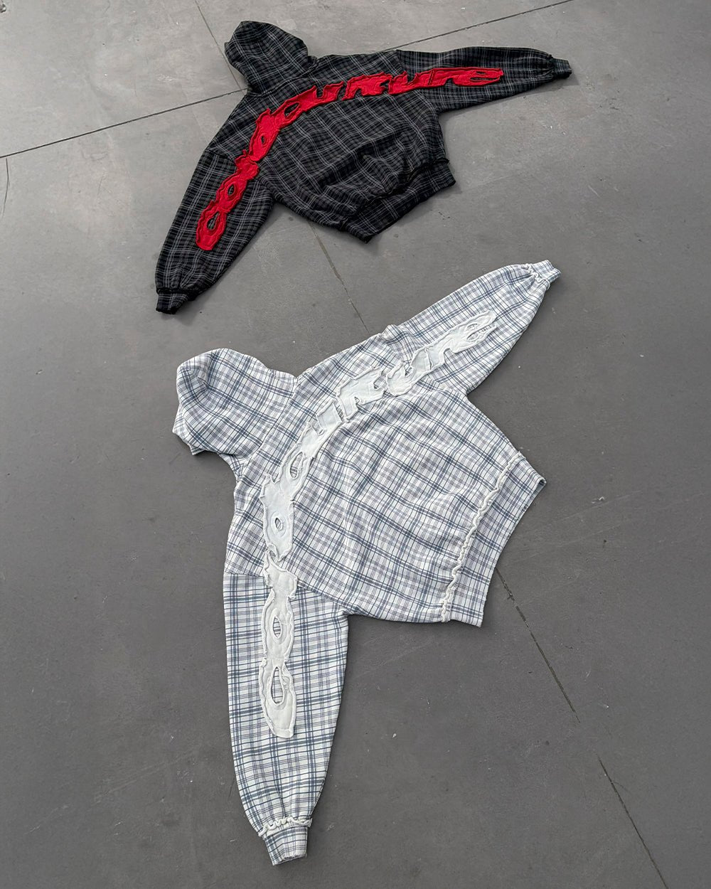 TARTAN HOODIE BLACK, GREY & RED - black and grey tartan hoodie, flat lay with matching pieces - Cold Culture