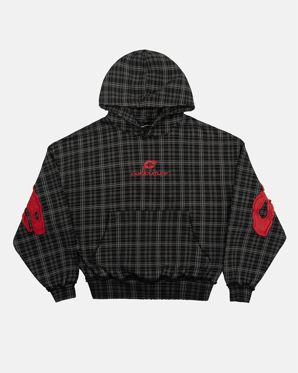 TARTAN HOODIE BLACK, GREY & RED - black and grey tartan hoodie, front view - Cold Culture #packshot