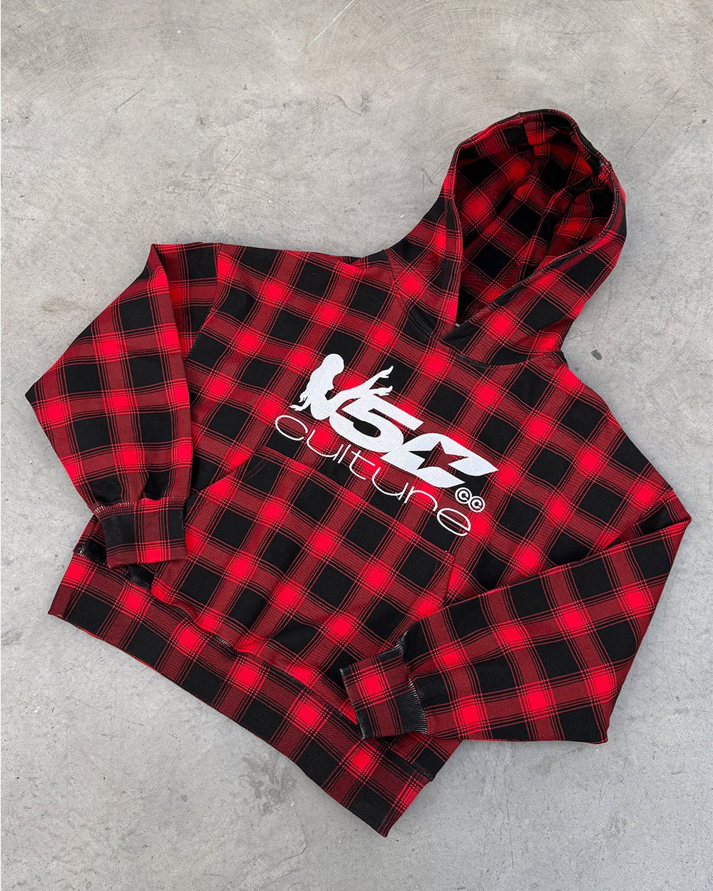 TARTAN HOODIE RED - red plaid hoodie, flat lay - Cold Culture