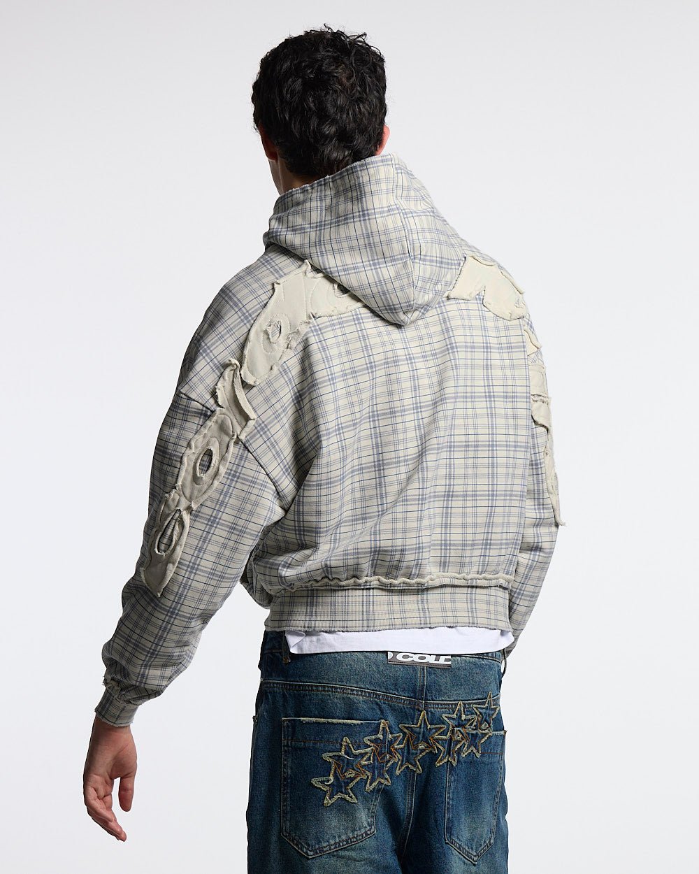 TARTAN HOODIE WHITE & MIX OF BLUES - white and blue tartan hoodie, back view on male model - Cold Culture