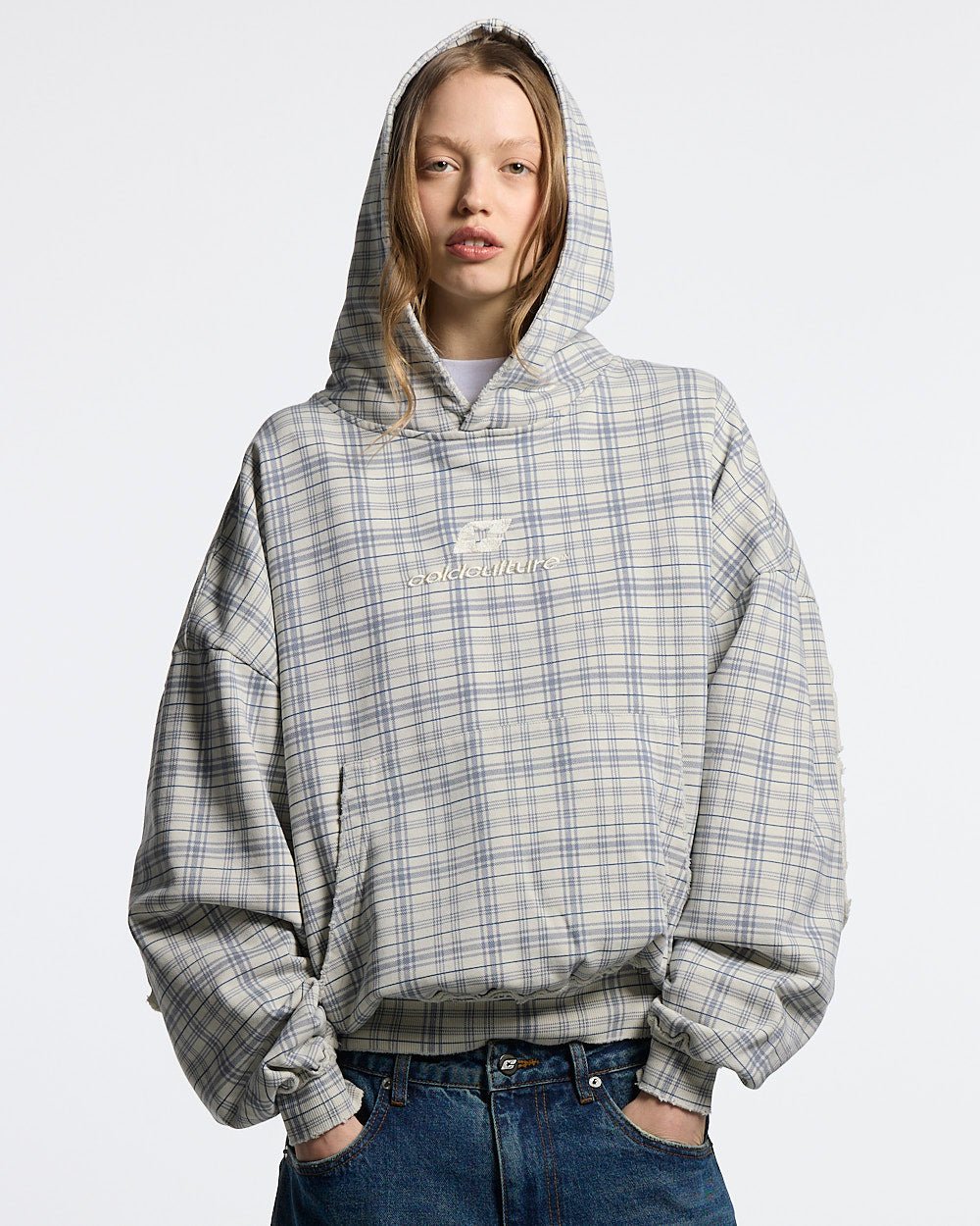 TARTAN HOODIE WHITE & MIX OF BLUES - white and blue tartan hoodie, front view on female model - Cold Culture #woman