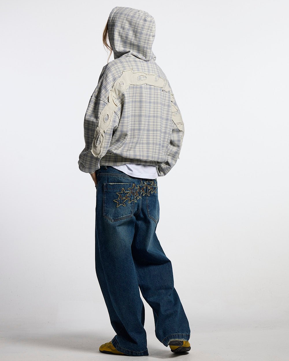 TARTAN HOODIE WHITE & MIX OF BLUES - white and blue tartan hoodie, back view on female model - Cold Culture #woman