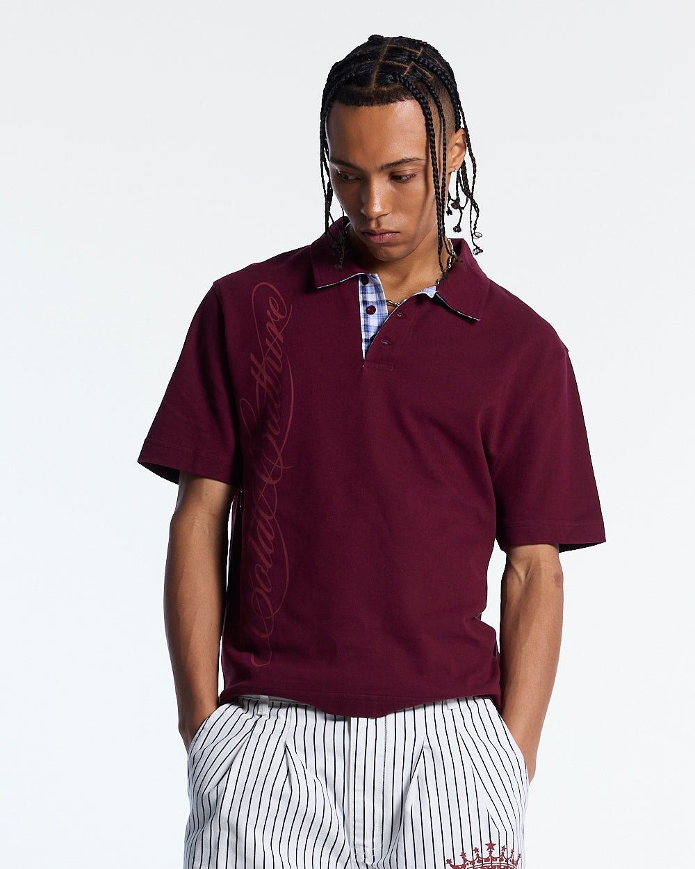 TARTAN SCRIPT POLO RED - burgundy tartan trim polo shirt, front view on male model - Cold Culture #man