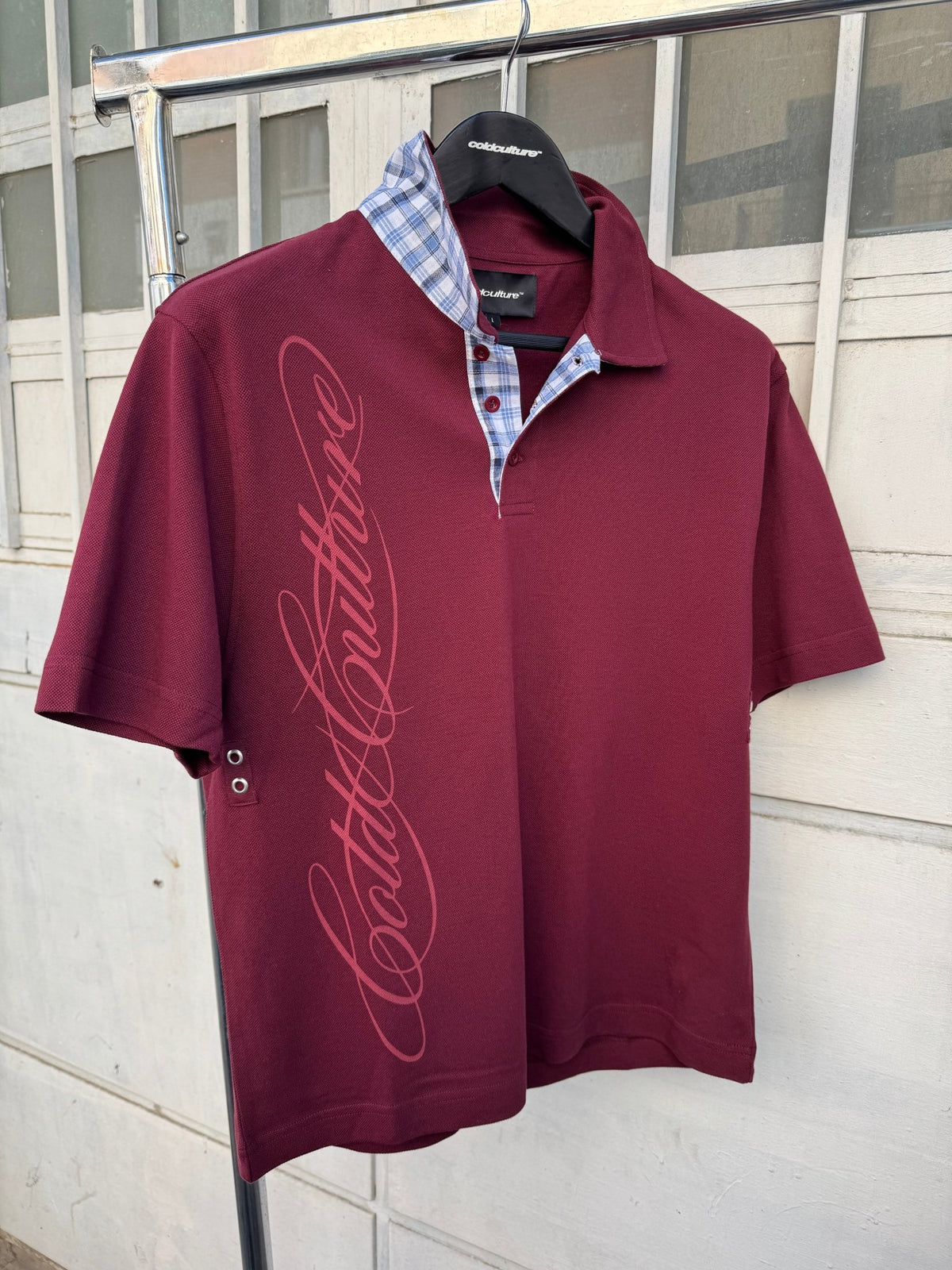 TARTAN SCRIPT POLO RED - burgundy tartan trim polo shirt, front view - Cold Culture
