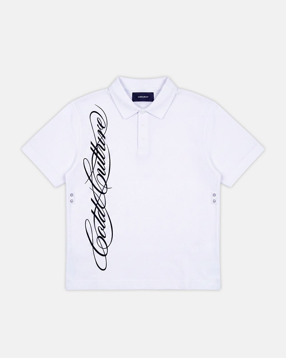 TARTAN SCRIPT POLO WHITE - white script print polo shirt, front view - Cold Culture #packshot