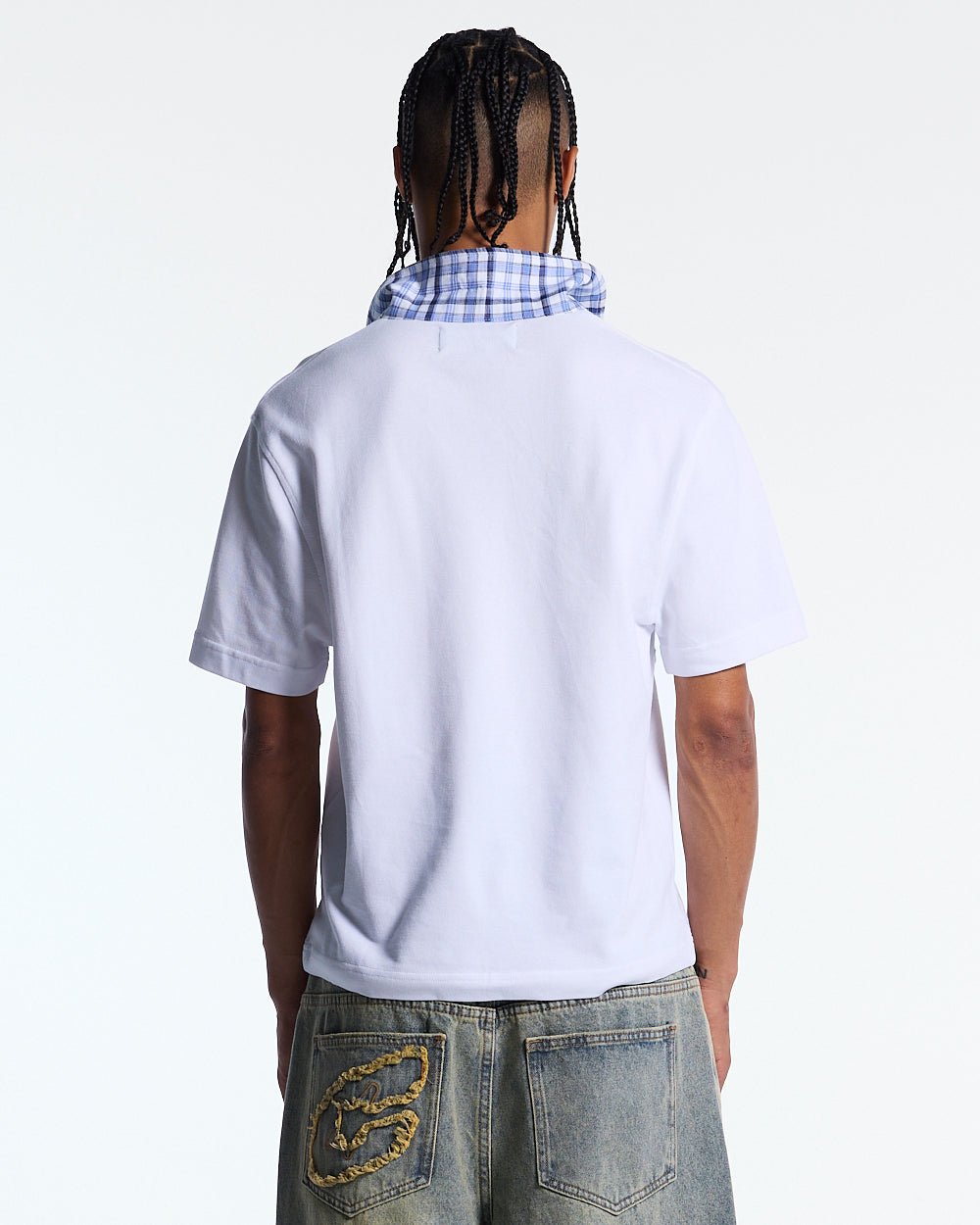 TARTAN SCRIPT POLO WHITE - white script print polo shirt, back view on male model - Cold Culture #man