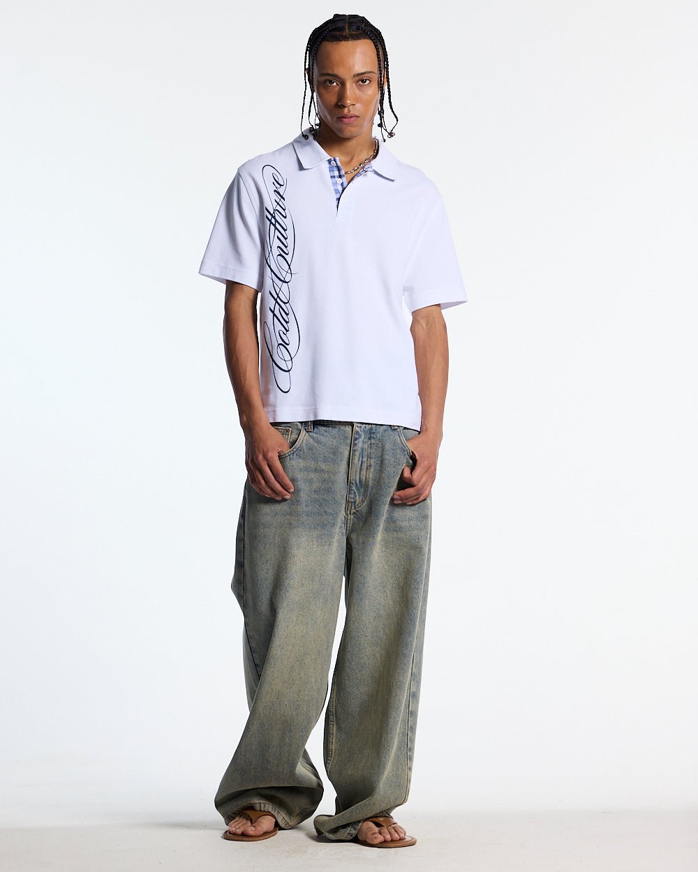 TARTAN SCRIPT POLO WHITE - white script print polo shirt, front view on male model - Cold Culture #man