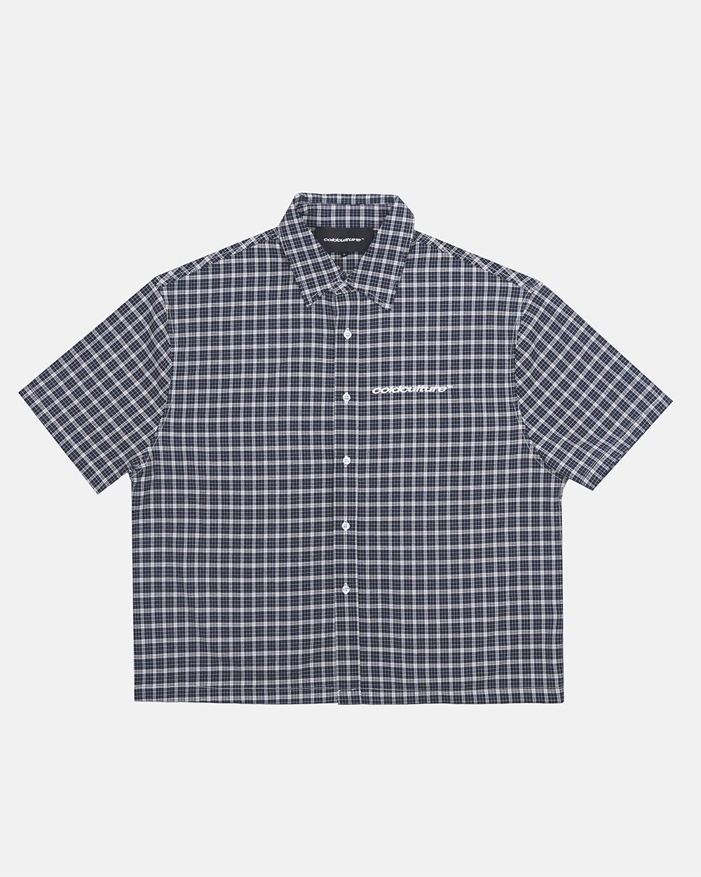 TARTAN SCRIPT SHIRT BLACK - black plaid short sleeve shirt, front view - Cold Culture #packshot