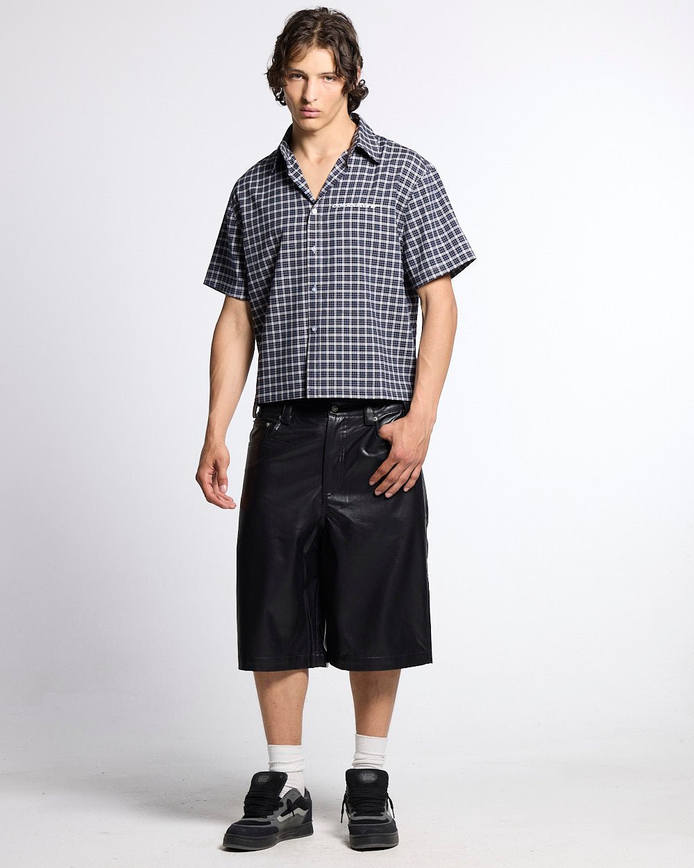 TARTAN SCRIPT SHIRT BLACK - black plaid short sleeve shirt, front view on male model - Cold Culture #man