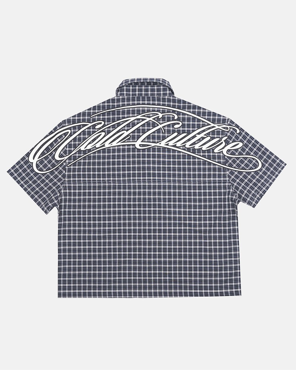 TARTAN SCRIPT SHIRT BLACK - black plaid short sleeve shirt, back view - Cold Culture #packshot