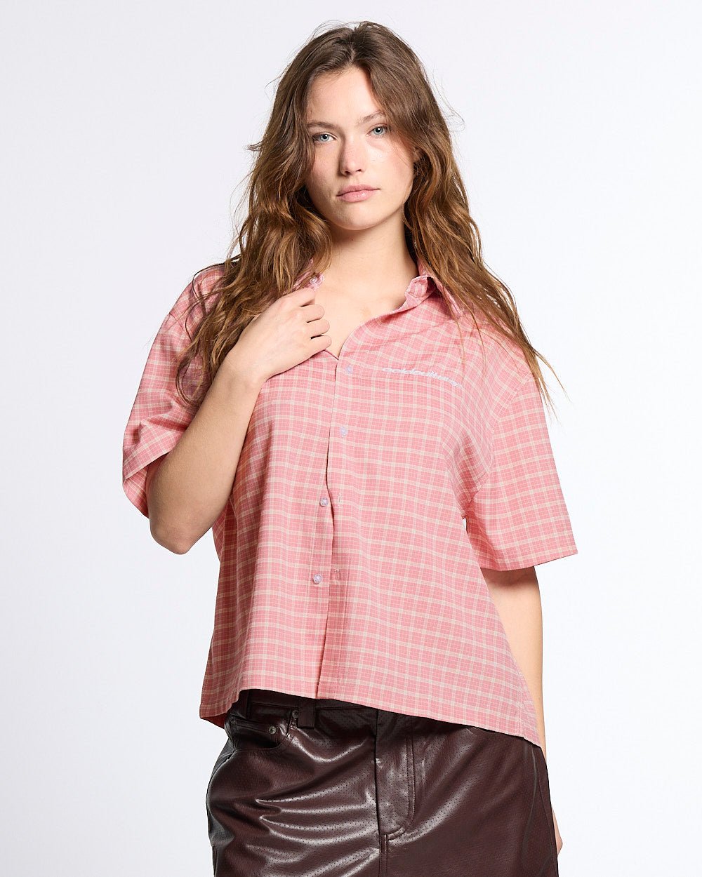 TARTAN SCRIPT SHIRT PINK - pink plaid short sleeve shirt, front view on female model - Cold Culture #woman