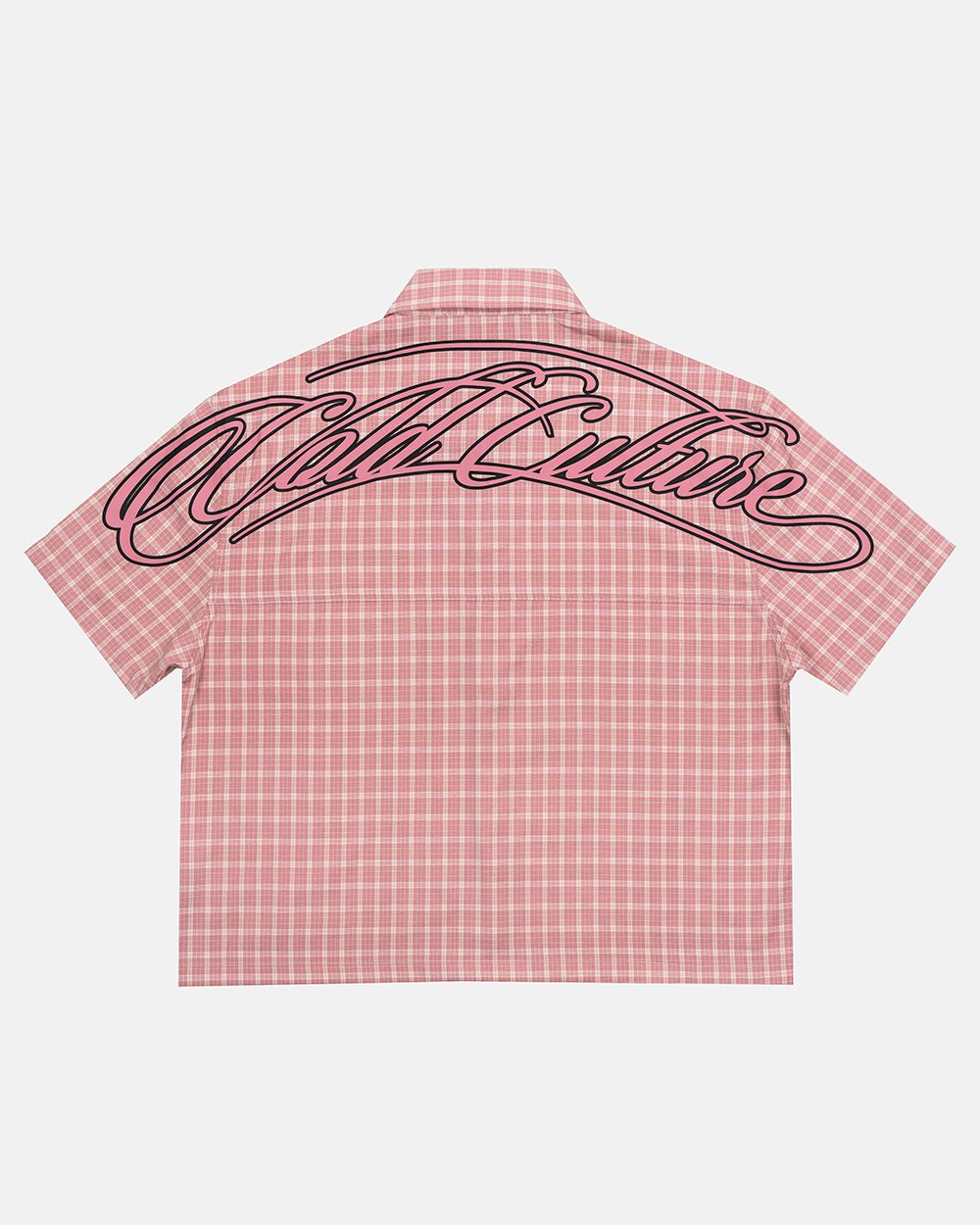 TARTAN SCRIPT SHIRT PINK - pink plaid short sleeve shirt, back view - Cold Culture #packshot