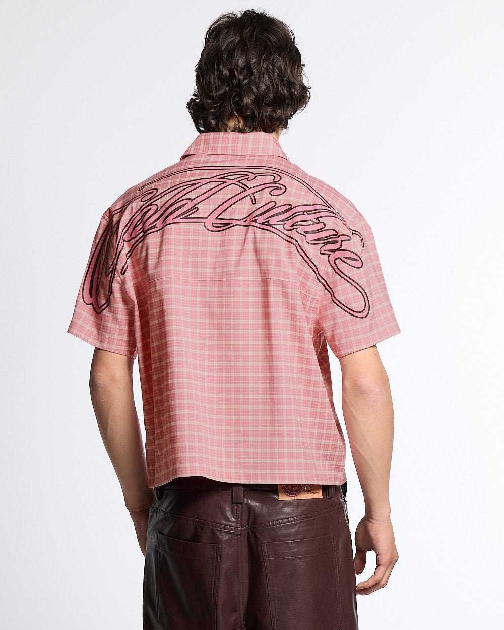 TARTAN SCRIPT SHIRT PINK - pink plaid short sleeve shirt, back view on male model - Cold Culture #man