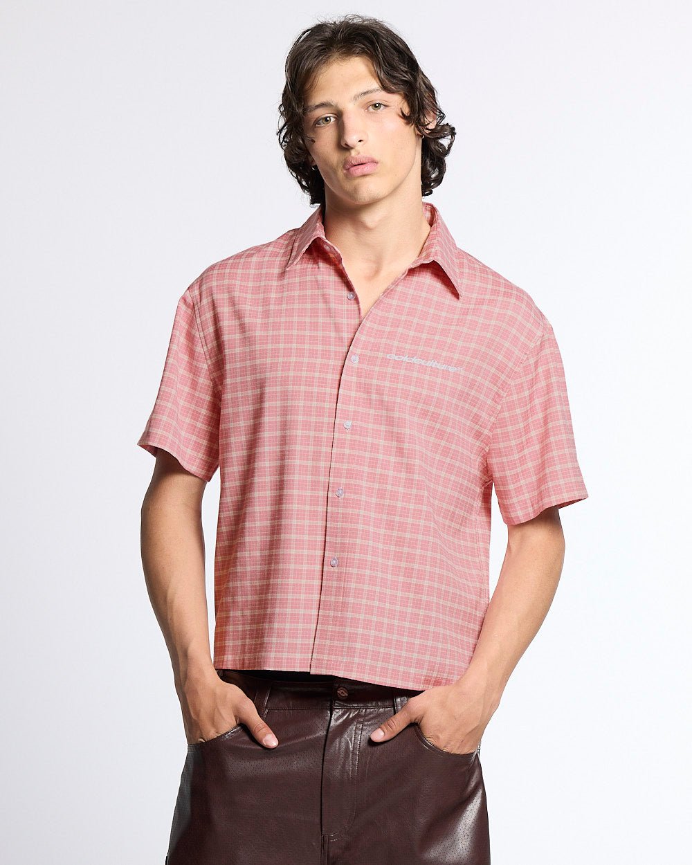 TARTAN SCRIPT SHIRT PINK - pink plaid short sleeve shirt, front view on male model - Cold Culture #man
