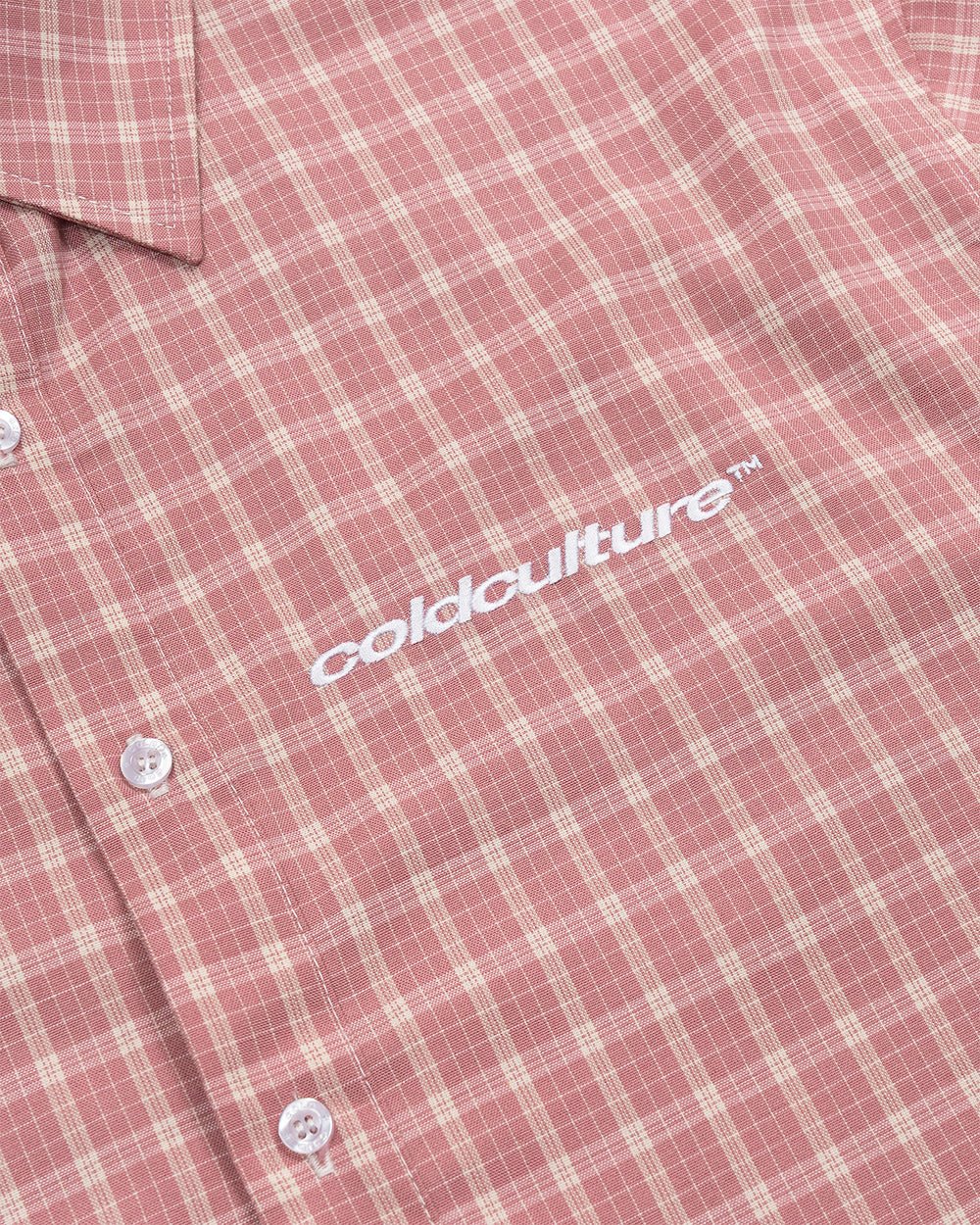 TARTAN SCRIPT SHIRT PINK - pink plaid short sleeve shirt, detail close-up - Cold Culture