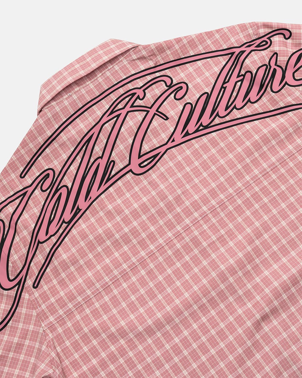 TARTAN SCRIPT SHIRT PINK - pink plaid short sleeve shirt, detail close-up - Cold Culture