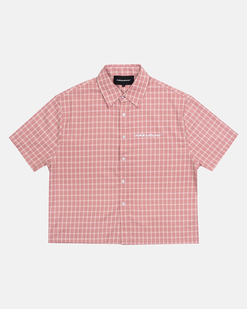 TARTAN SCRIPT SHIRT PINK - pink plaid short sleeve shirt, front view - Cold Culture #packshot