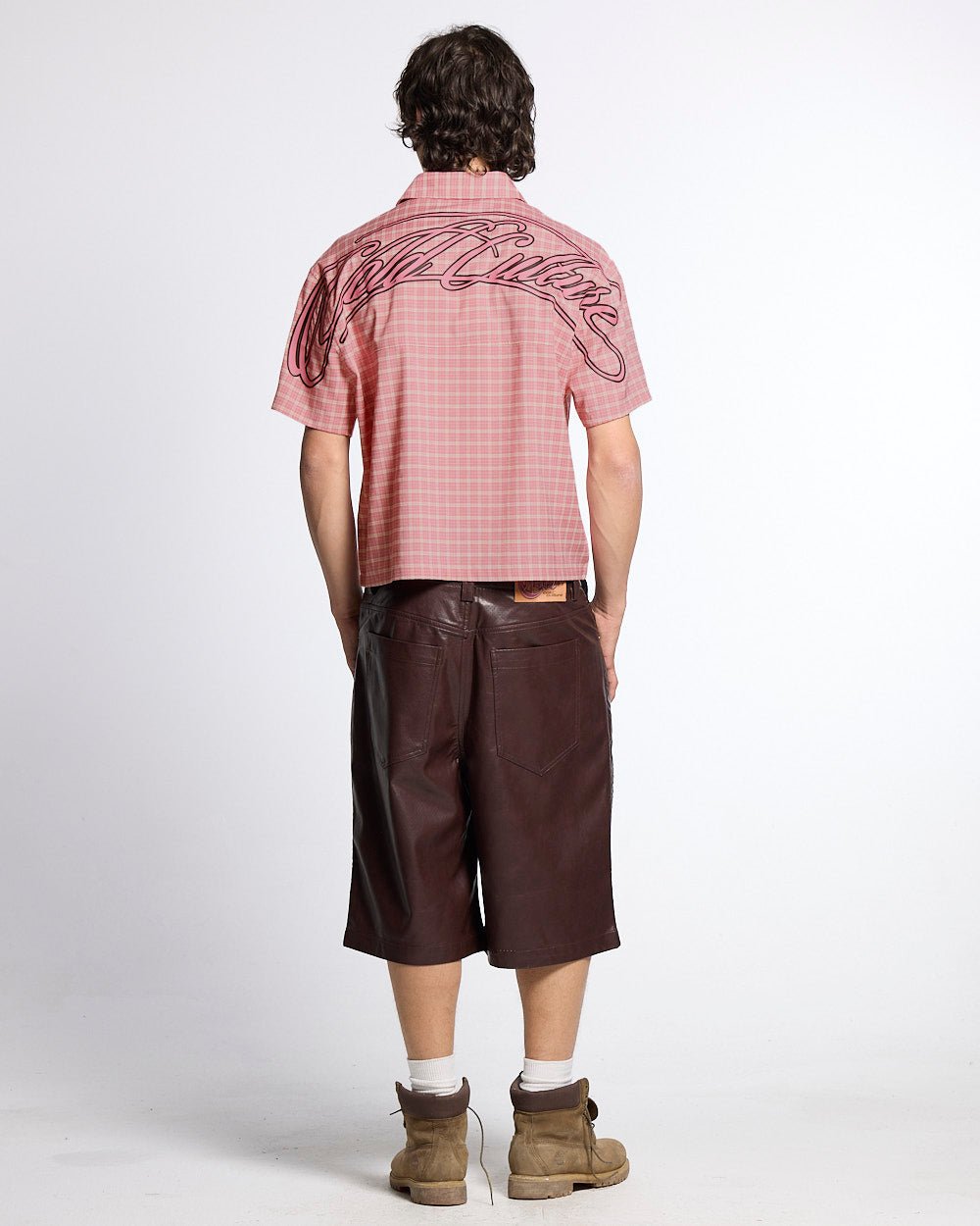 TARTAN SCRIPT SHIRT PINK - pink plaid short sleeve shirt, back view on male model - Cold Culture #man