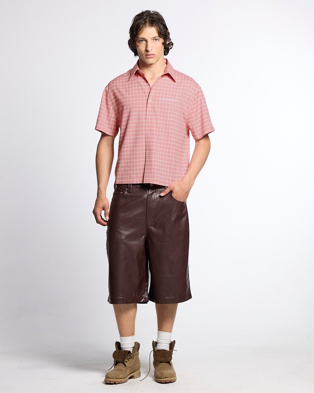 TARTAN SCRIPT SHIRT PINK - pink plaid short sleeve shirt, front view on male model - Cold Culture #man