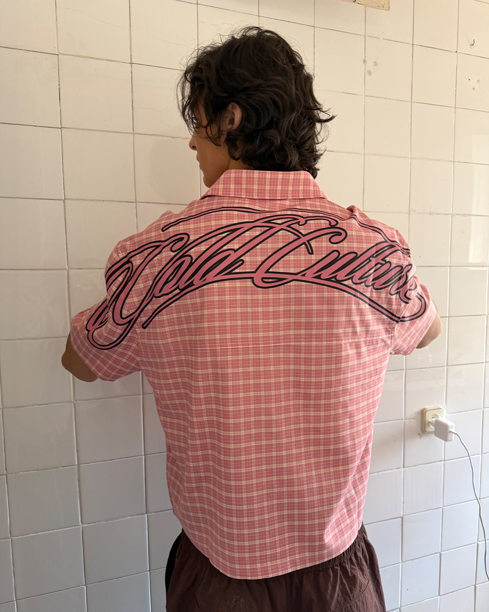 TARTAN SCRIPT SHIRT PINK - pink plaid short sleeve shirt, street style shot - Cold Culture