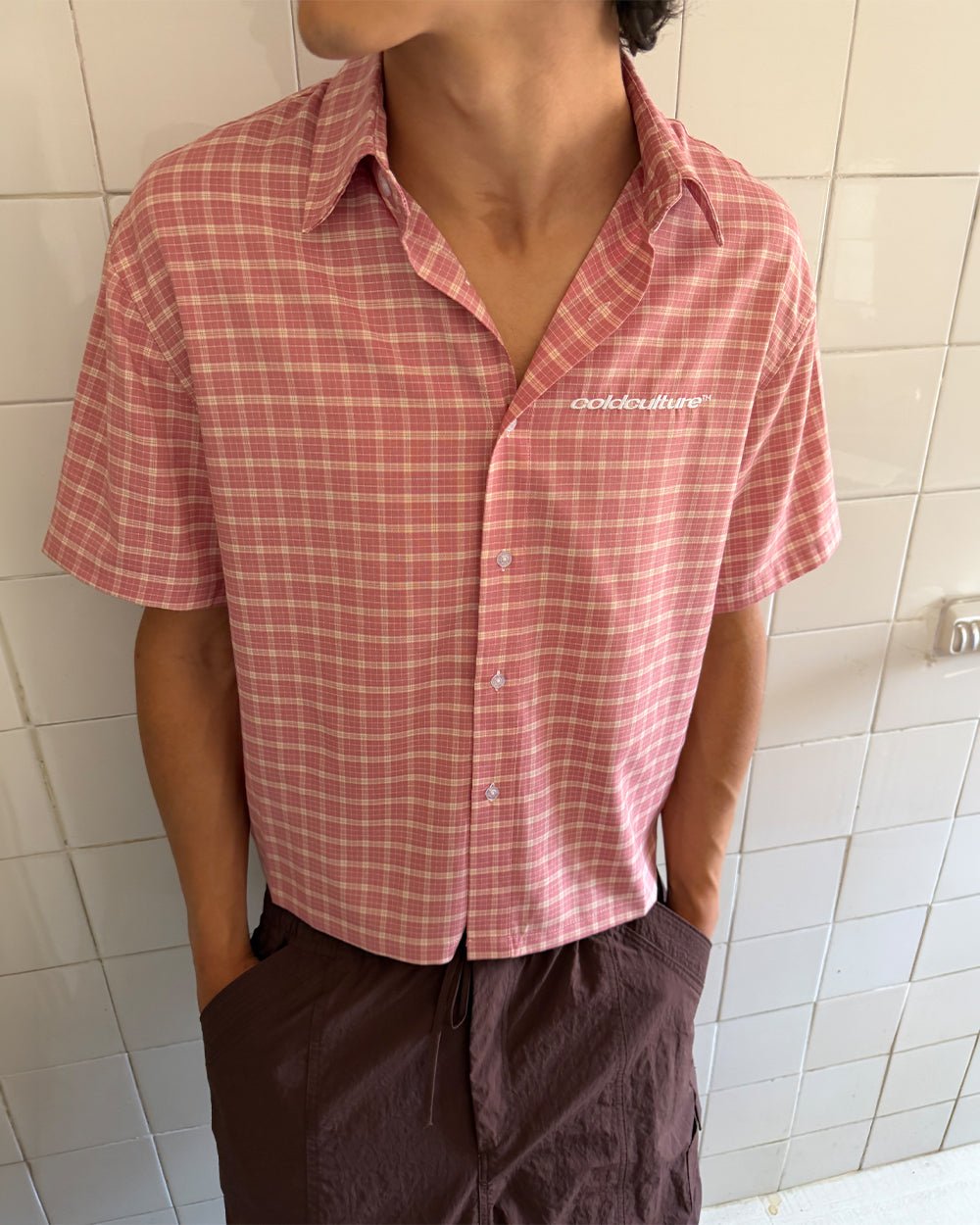 TARTAN SCRIPT SHIRT PINK - pink plaid short sleeve shirt, street style shot - Cold Culture
