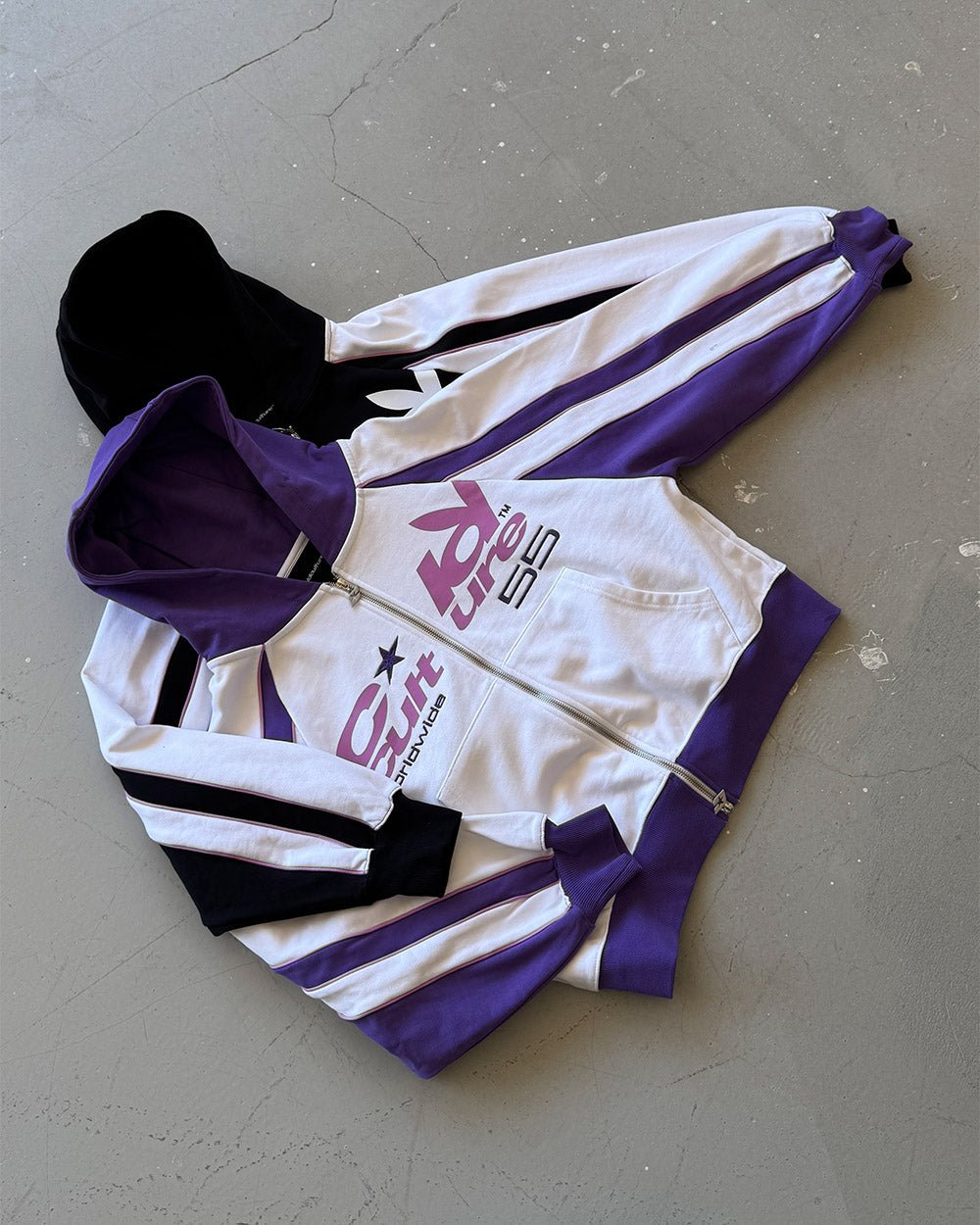 TEASE ME ZIP HOODIE BLACK & GREY - black and white zip-up hoodie, flat lay with matching pieces - Cold Culture