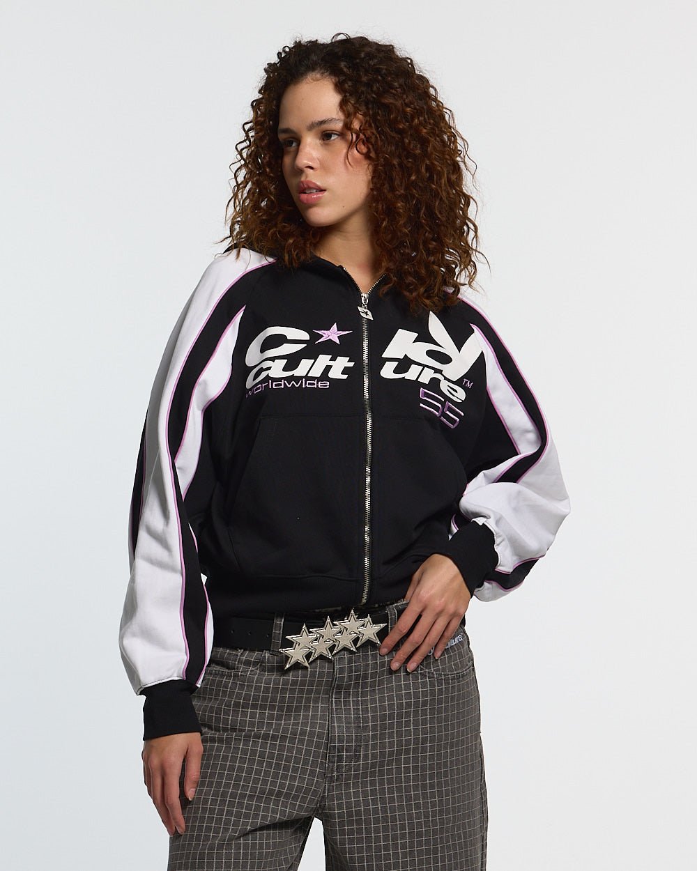 TEASE ME ZIP HOODIE BLACK & GREY - black and white zip-up hoodie, front view on female model - Cold Culture #woman