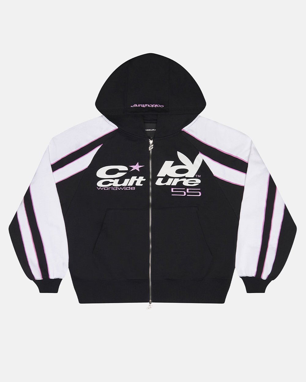 TEASE ME ZIP HOODIE BLACK & GREY - black and white zip-up hoodie, front view - Cold Culture #packshot
