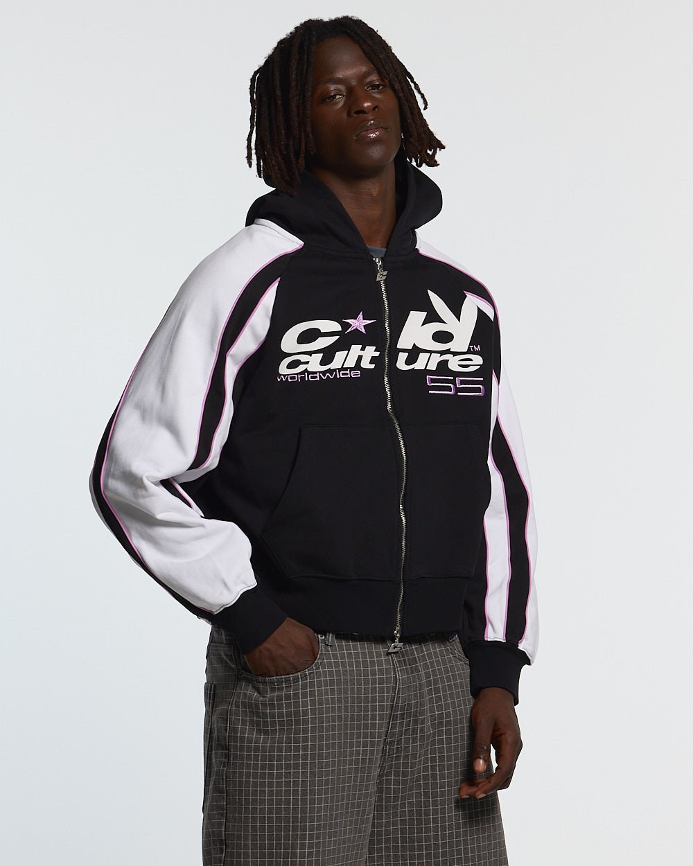 TEASE ME ZIP HOODIE BLACK & GREY - black and white zip-up hoodie, front view on male model - Cold Culture #man