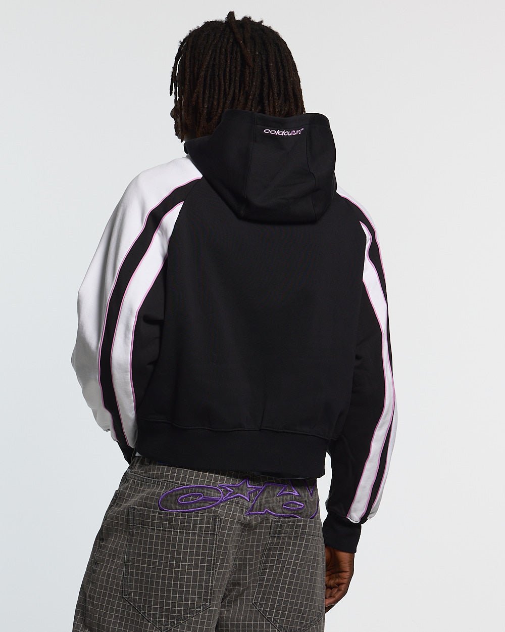 TEASE ME ZIP HOODIE BLACK & GREY - black and white zip-up hoodie, back view on male model - Cold Culture #man