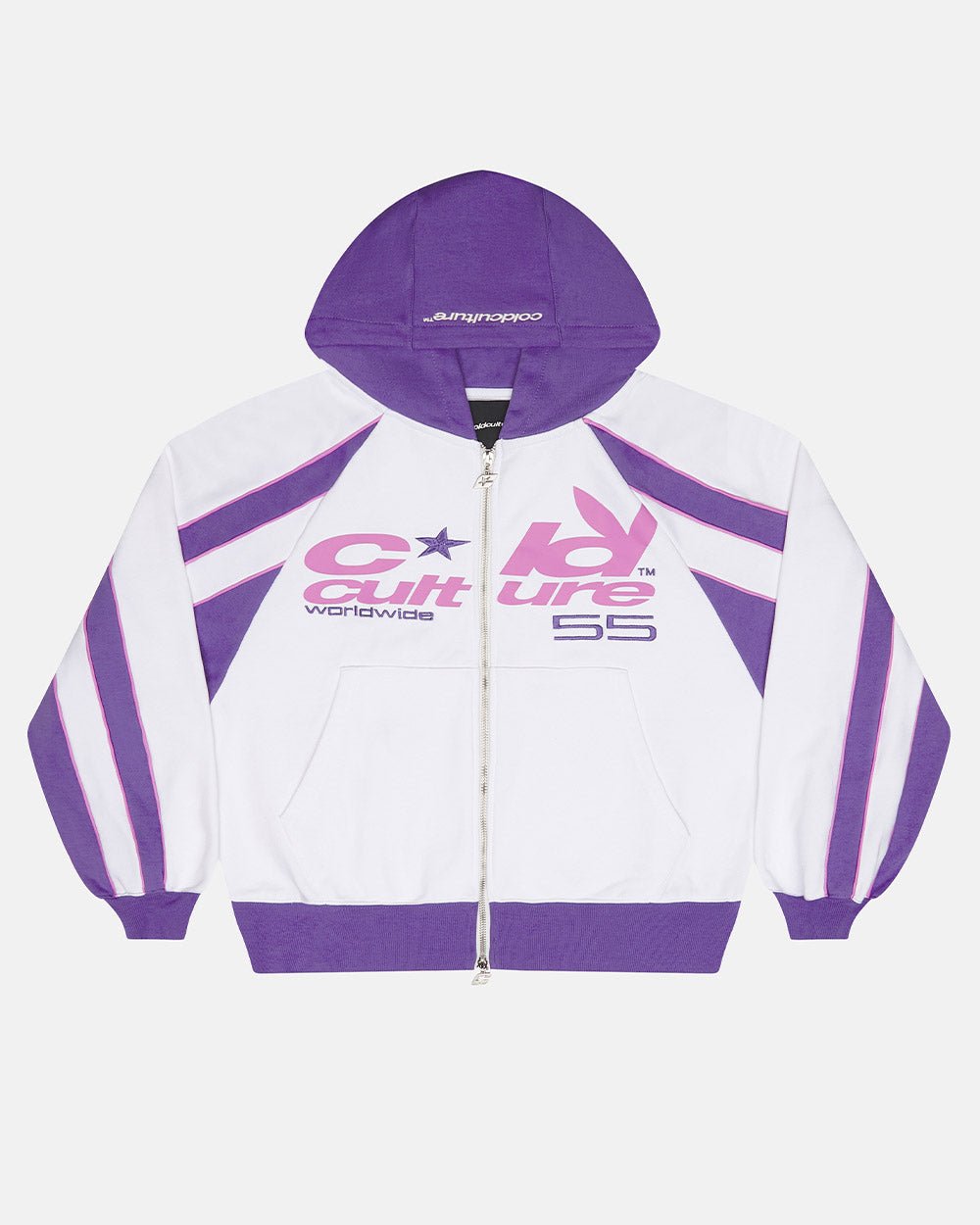 TEASE ME ZIP HOODIE WHITE & PURPLE - white and purple zip-up hoodie, front view - Cold Culture #packshot